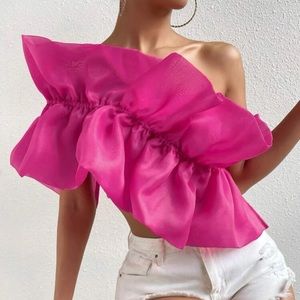 Pink Ruffle Asymmetrical Crop Top